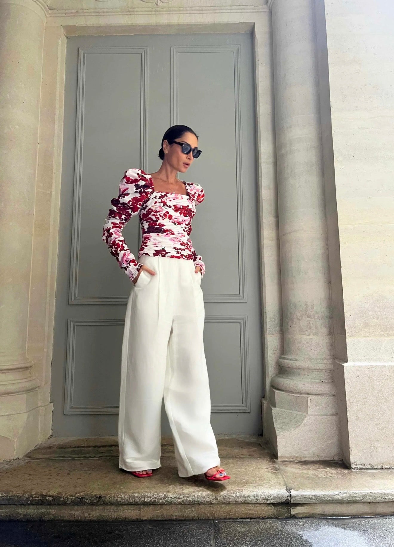Aje Marlene Roses Long sleeve Ruched Top - Roses Of Provence