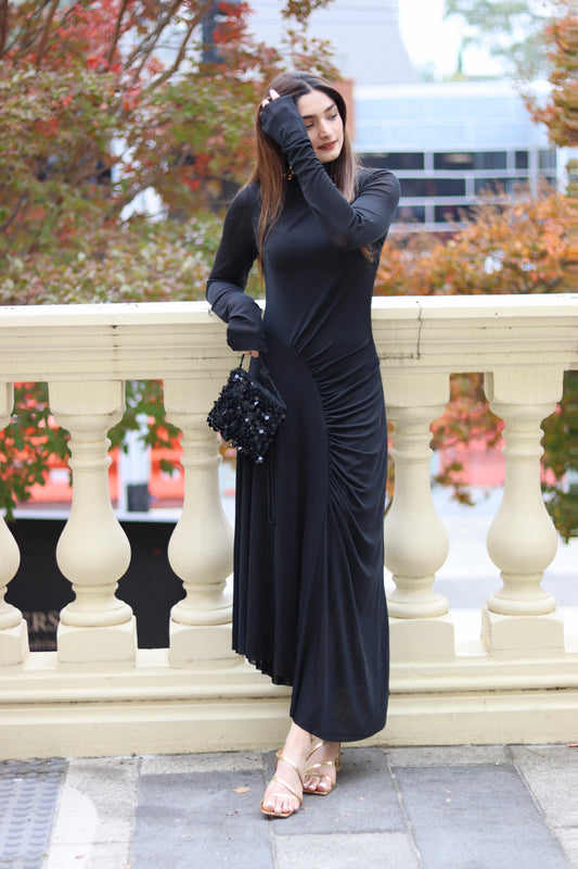 H&M Elegant Black Draped Maxi Dress