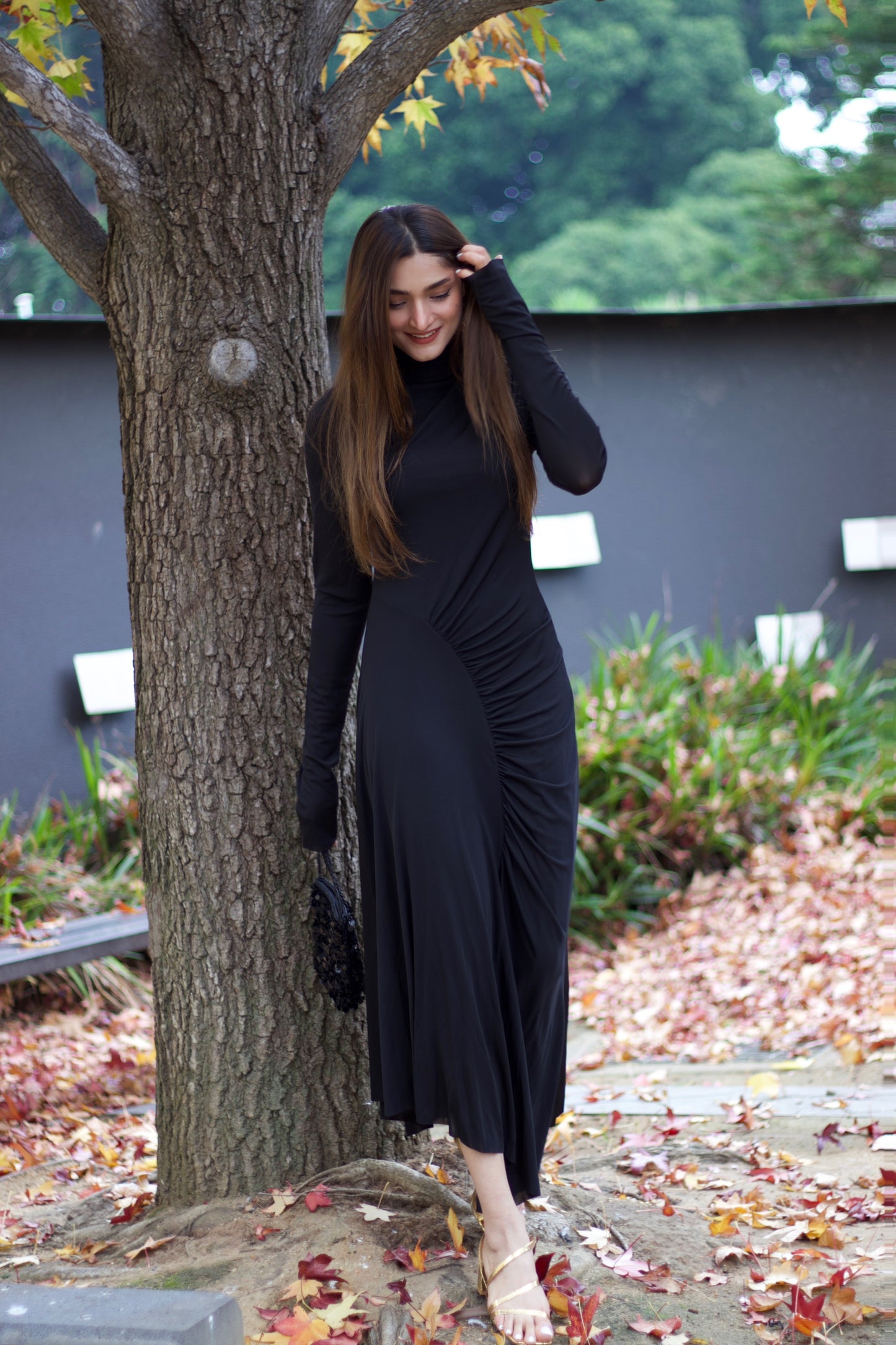H&M Elegant Black Draped Maxi Dress