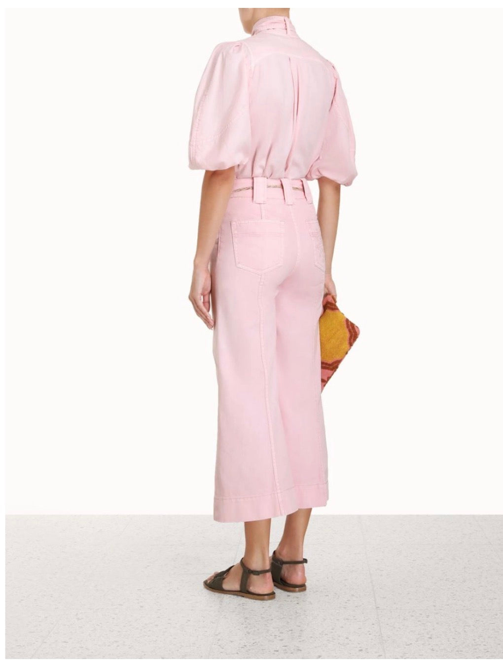 Zimmermann Pastel Pink Denim Blouse & Wide Leg Cropped Jeans Set