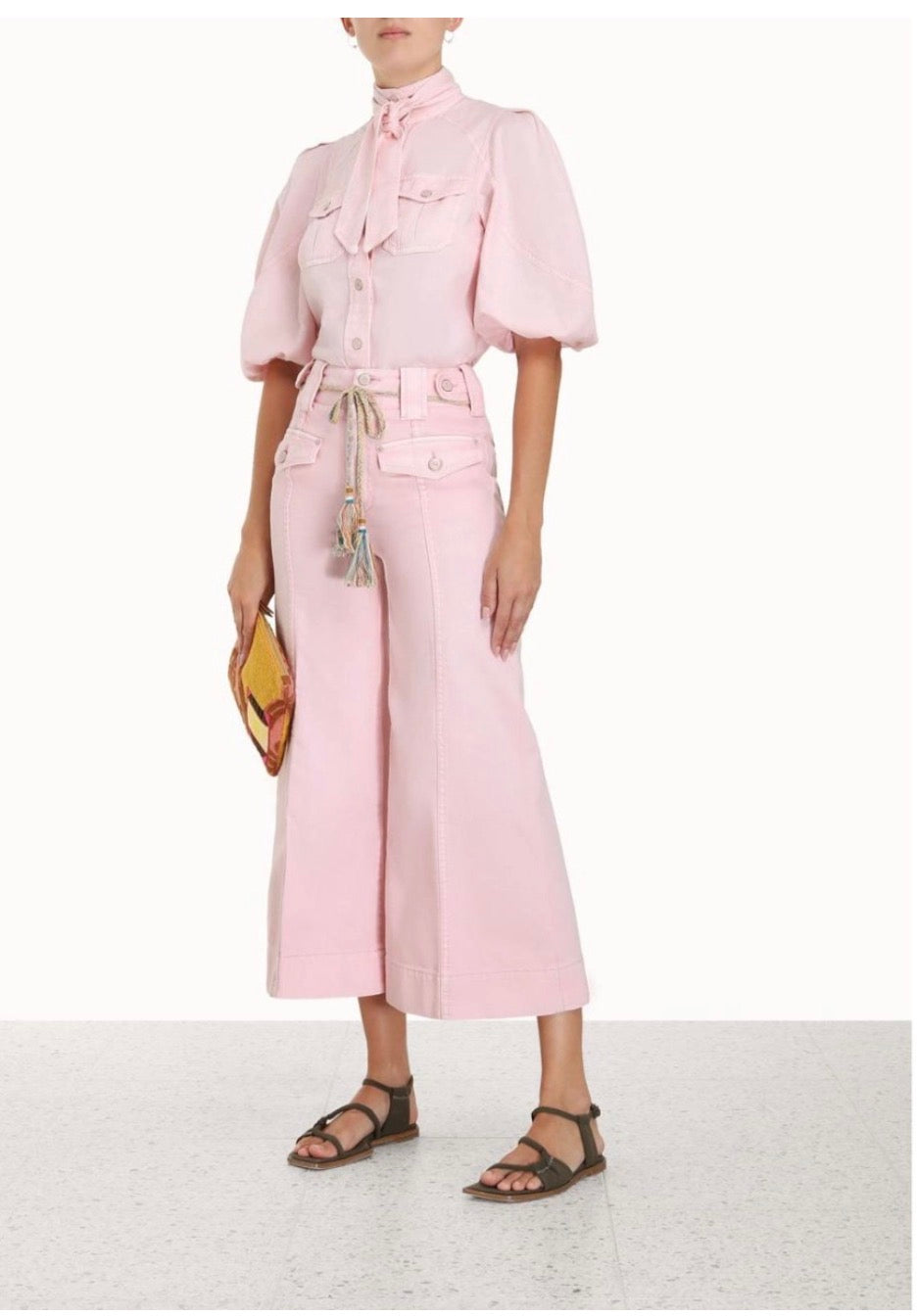 Zimmermann Pastel Pink Denim Blouse & Wide Leg Cropped Jeans Set
