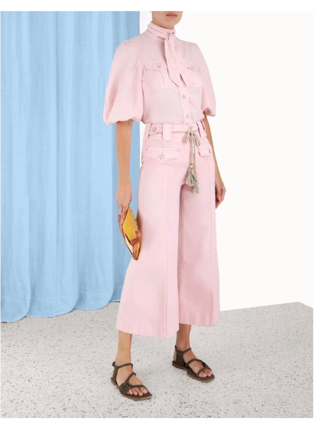 Zimmermann Pastel Pink Denim Blouse & Wide Leg Cropped Jeans Set