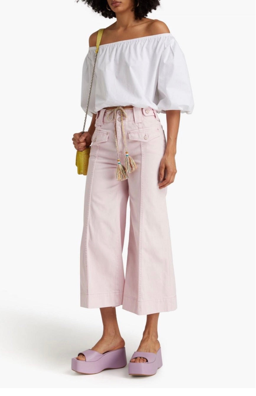Zimmermann Pastel Pink Denim Blouse & Wide Leg Cropped Jeans Set