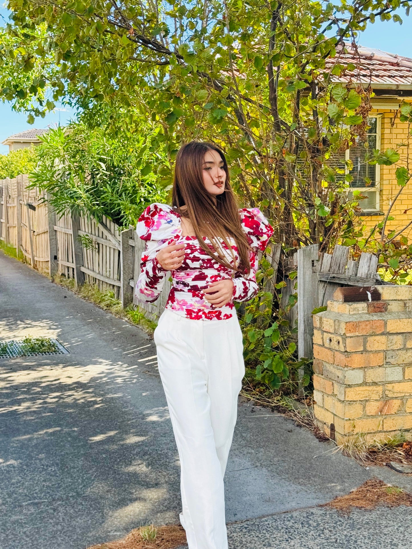 Aje Marlene Roses Long sleeve Ruched Top - Roses Of Provence