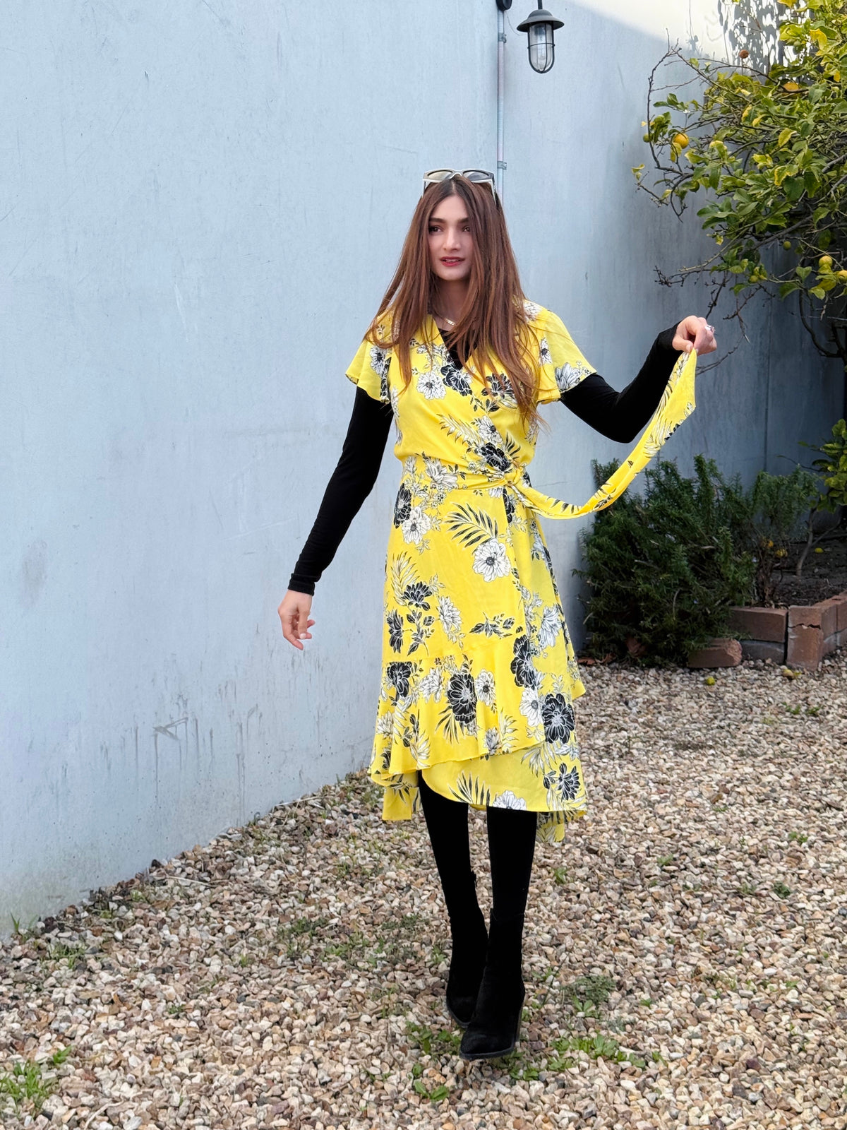 Joseph Ribkoff Floral Wrap Dress In Yellow