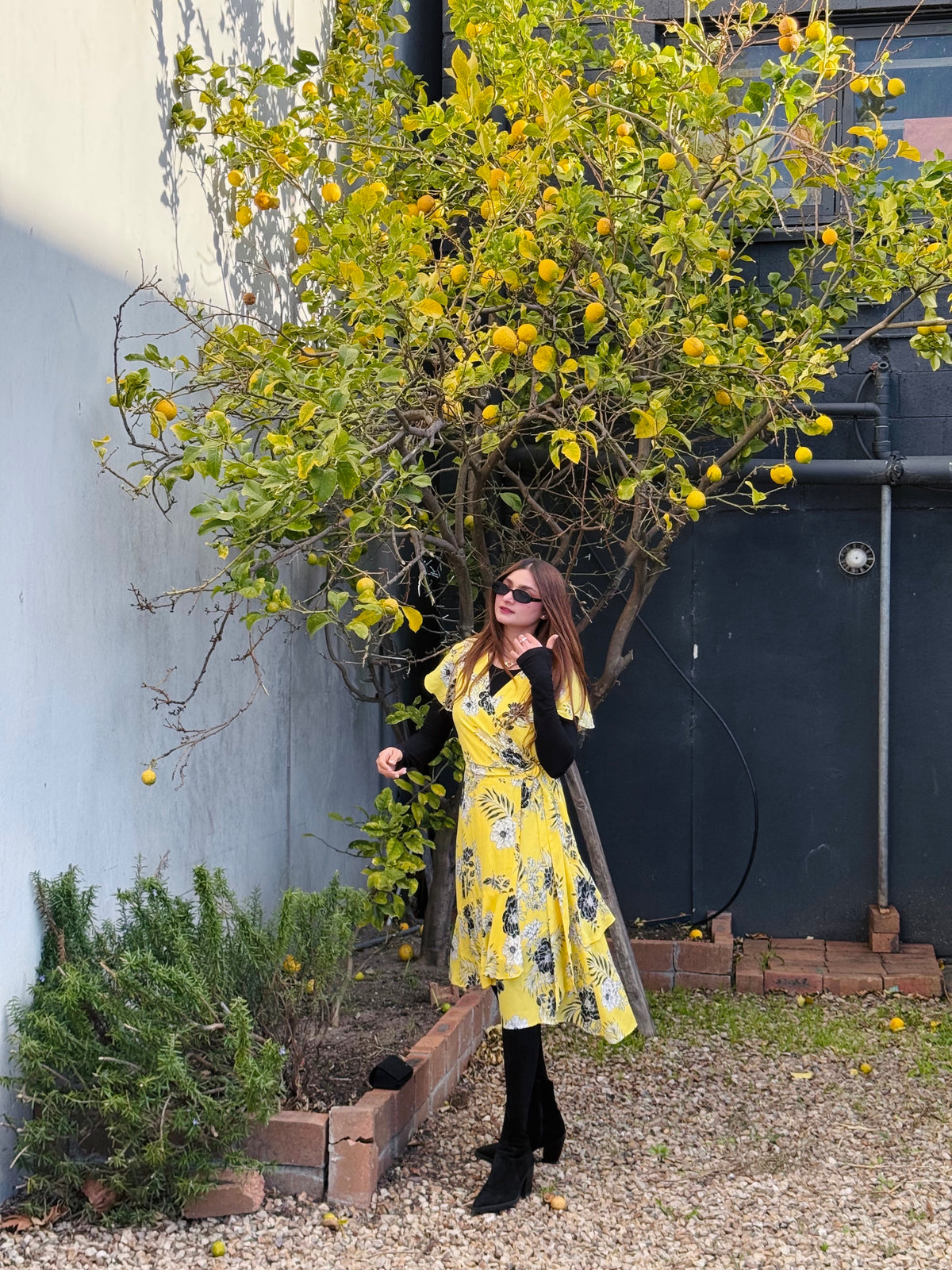 Joseph Ribkoff Floral Wrap Dress In Yellow