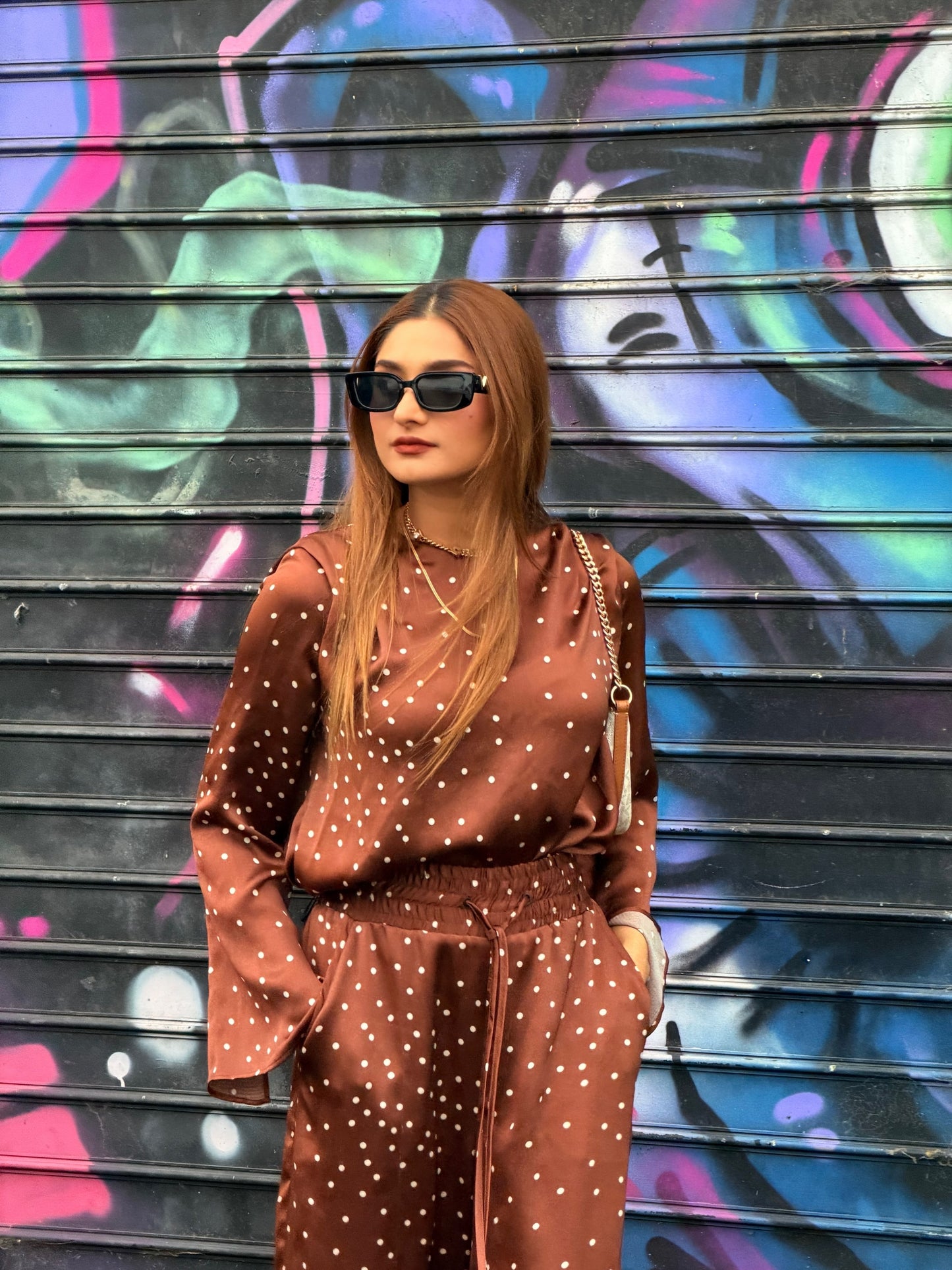 Veronika Maine Brown Polka Dot Wide Leg Set