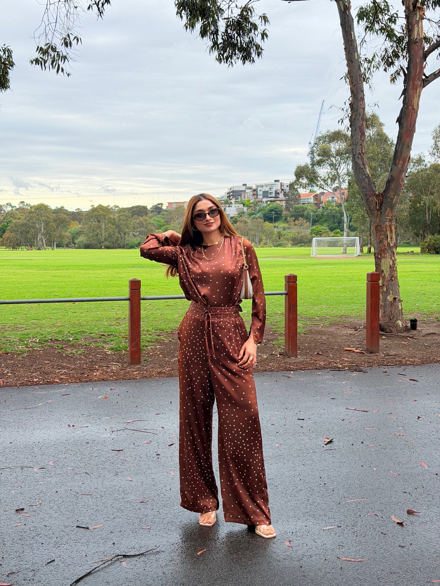 Veronika Maine Brown Polka Dot Wide Leg Set