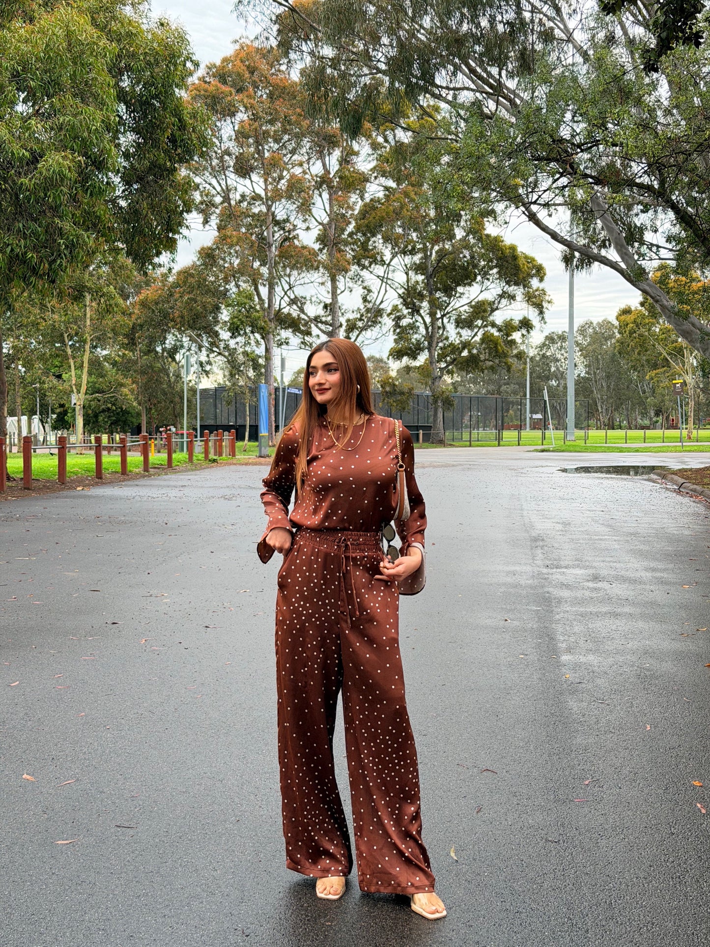 Veronika Maine Brown Polka Dot Wide Leg Set