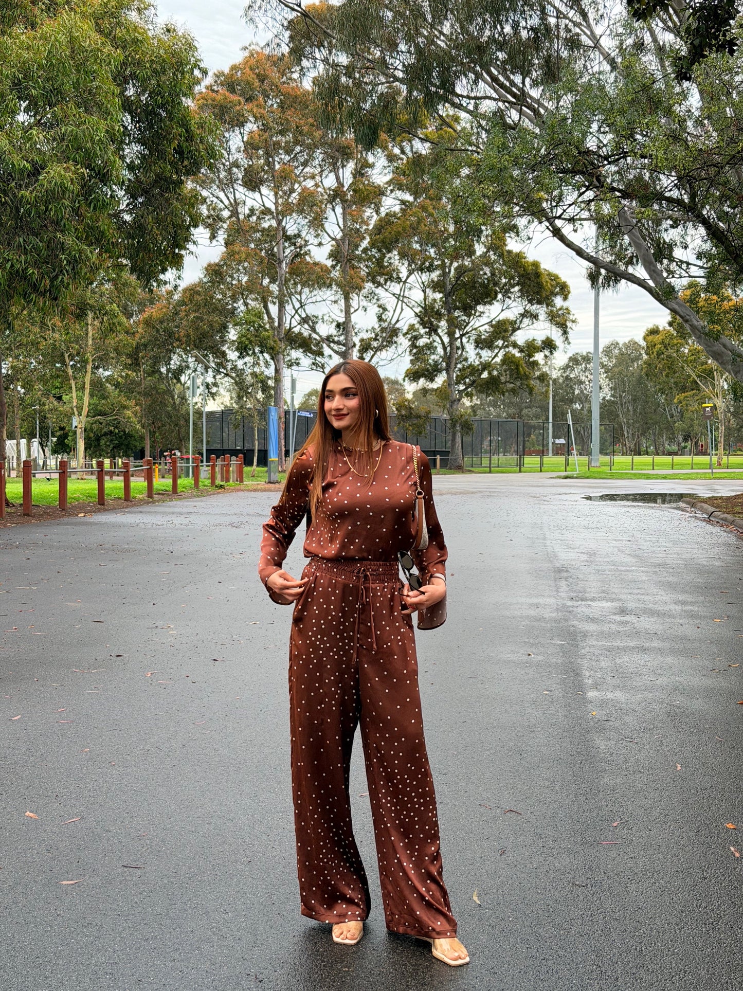 Veronika Maine Brown Polka Dot Wide Leg Set
