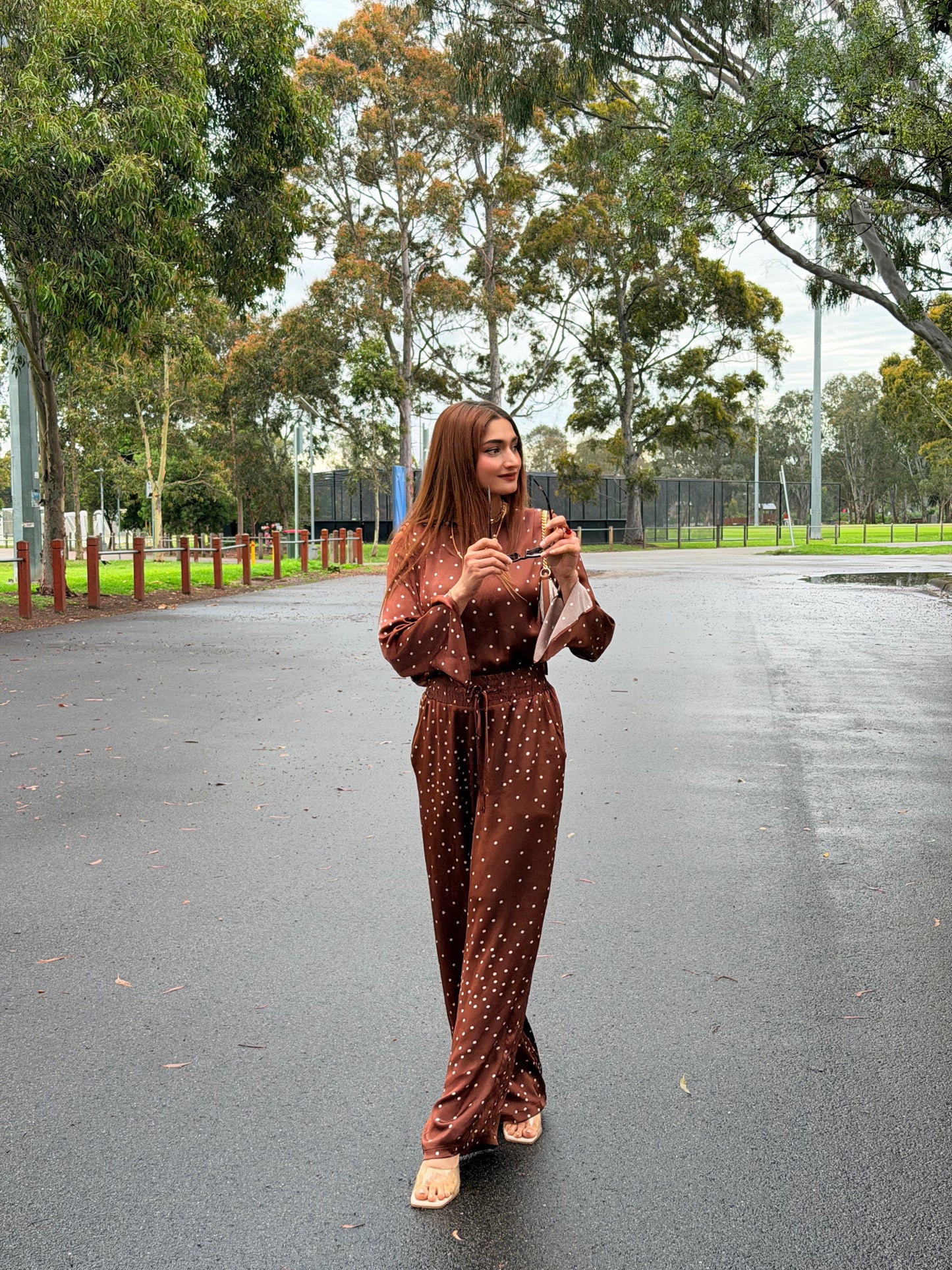 Veronika Maine Brown Polka Dot Wide Leg Set
