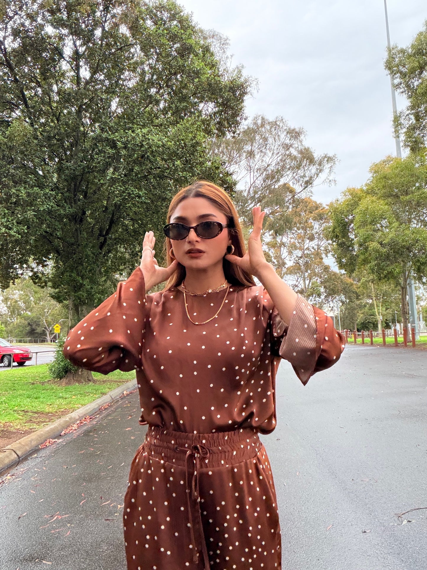 Veronika Maine Brown Polka Dot Wide Leg Set