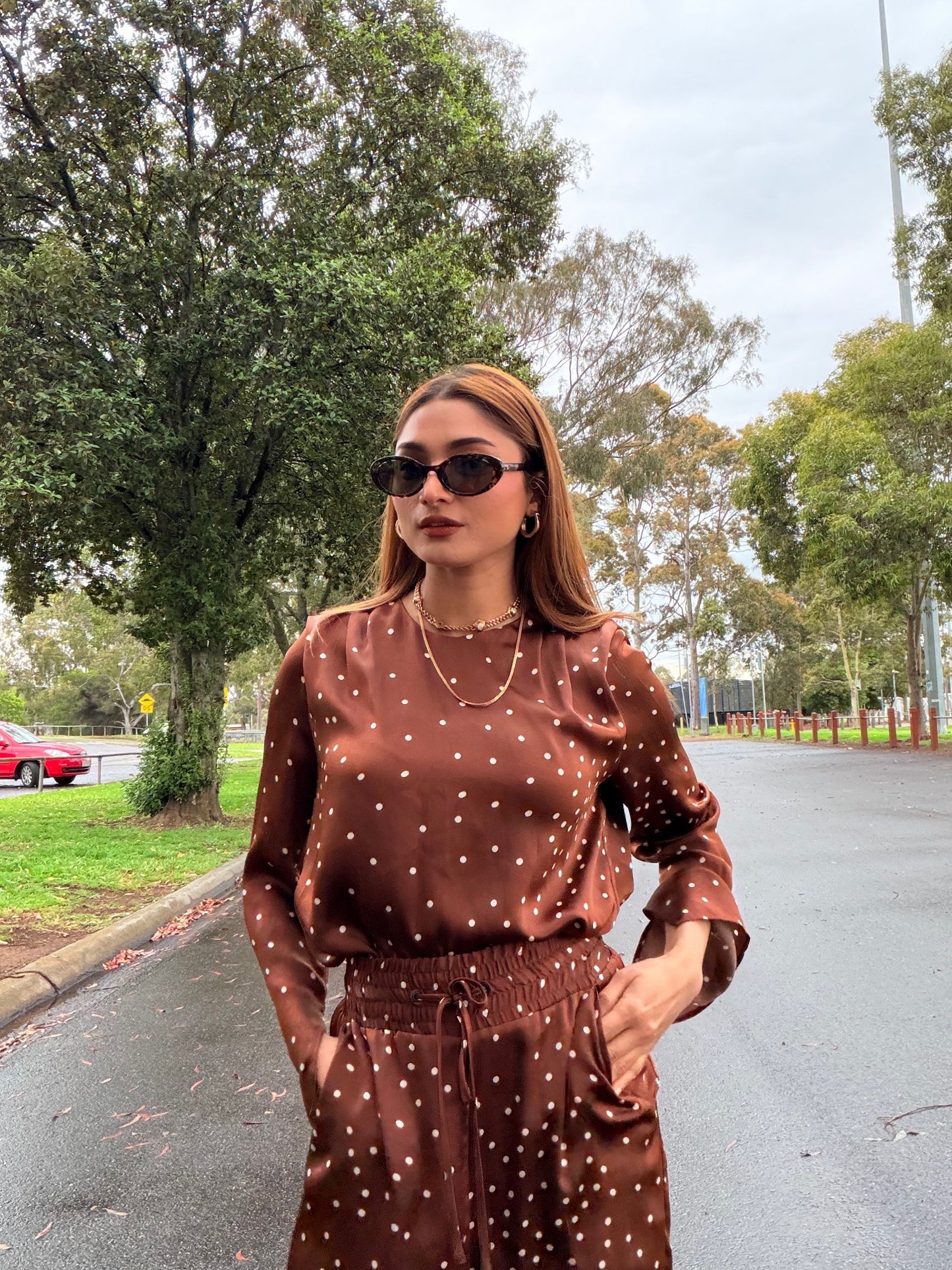 Veronika Maine Brown Polka Dot Wide Leg Set